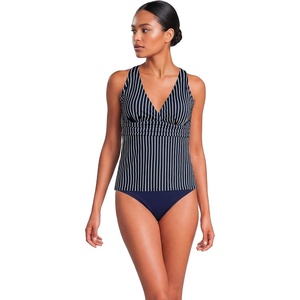 Lands’ End Women’s D-Cup Plunge Tankini Top(Navy/Egret White Stripe)