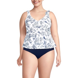 Lands’ End Women’s Flutter Tie Tankini Top(White/Blue Toile)