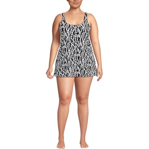Lands’ End Women’s Mini Swim Dress(Black/White Vine Floral)