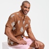 Lands’ End Men’s Short Sleeve Camp Collar Hawaiian Shirt(Rich Ginger Brown Fan Palm)