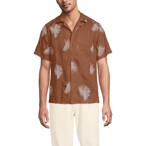 Lands’ End Men’s Short Sleeve Camp Collar Hawaiian Shirt(Rich Ginger Brown Fan Palm)