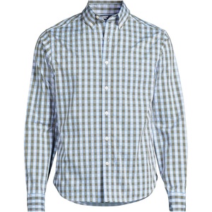Lands’ End Men’s Wrinkle Resistant Dress Shirt | Stretch Twill, Buttondown Collar, Moisture-Wicking, Business Casual, Travel, Big and Tall Sizes(Olive Drab/Blue Plaid)
