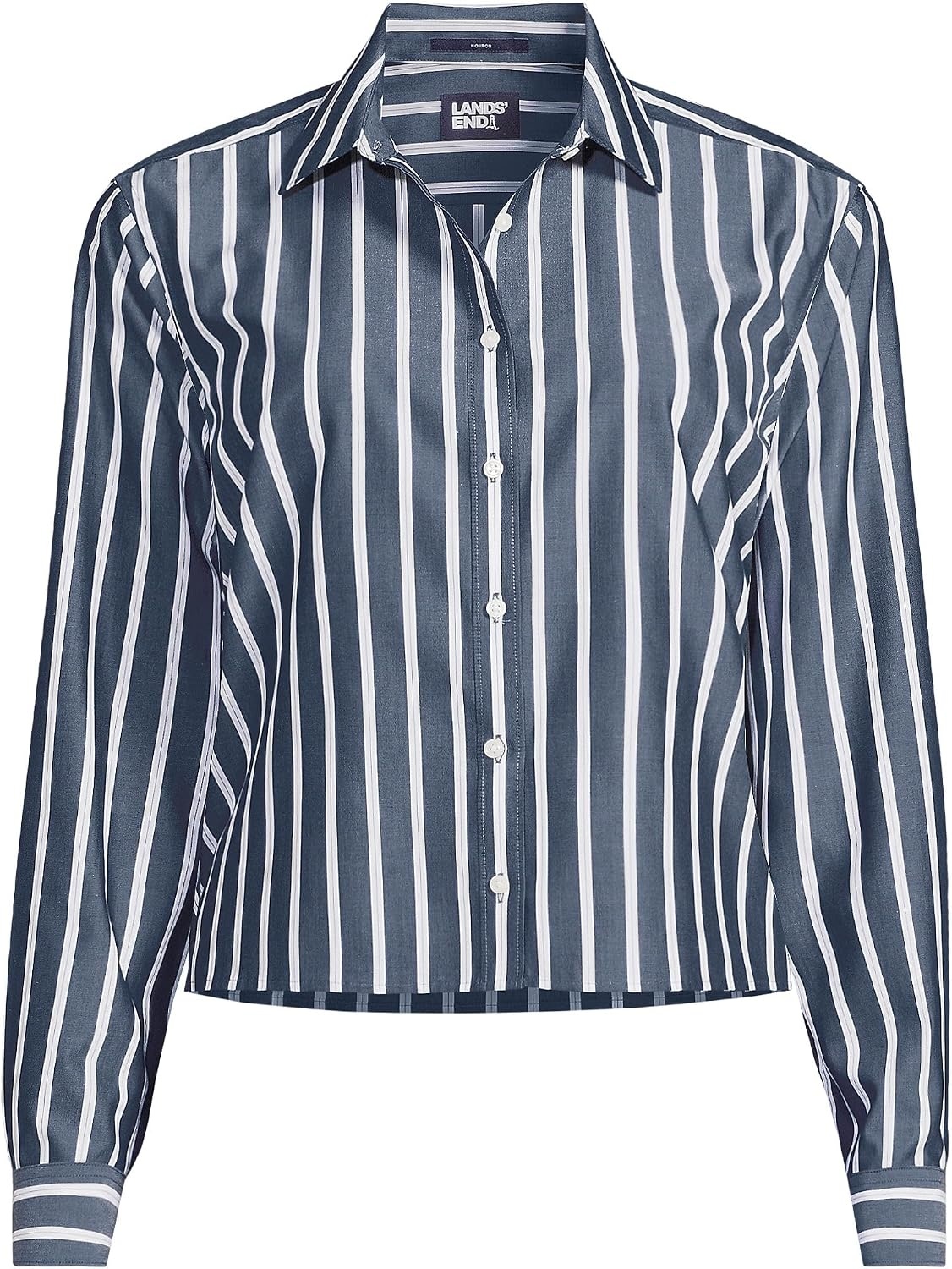 image:imageWomens No Iron Boxy Cropped ShirtNavyWhite Dual Stripe
