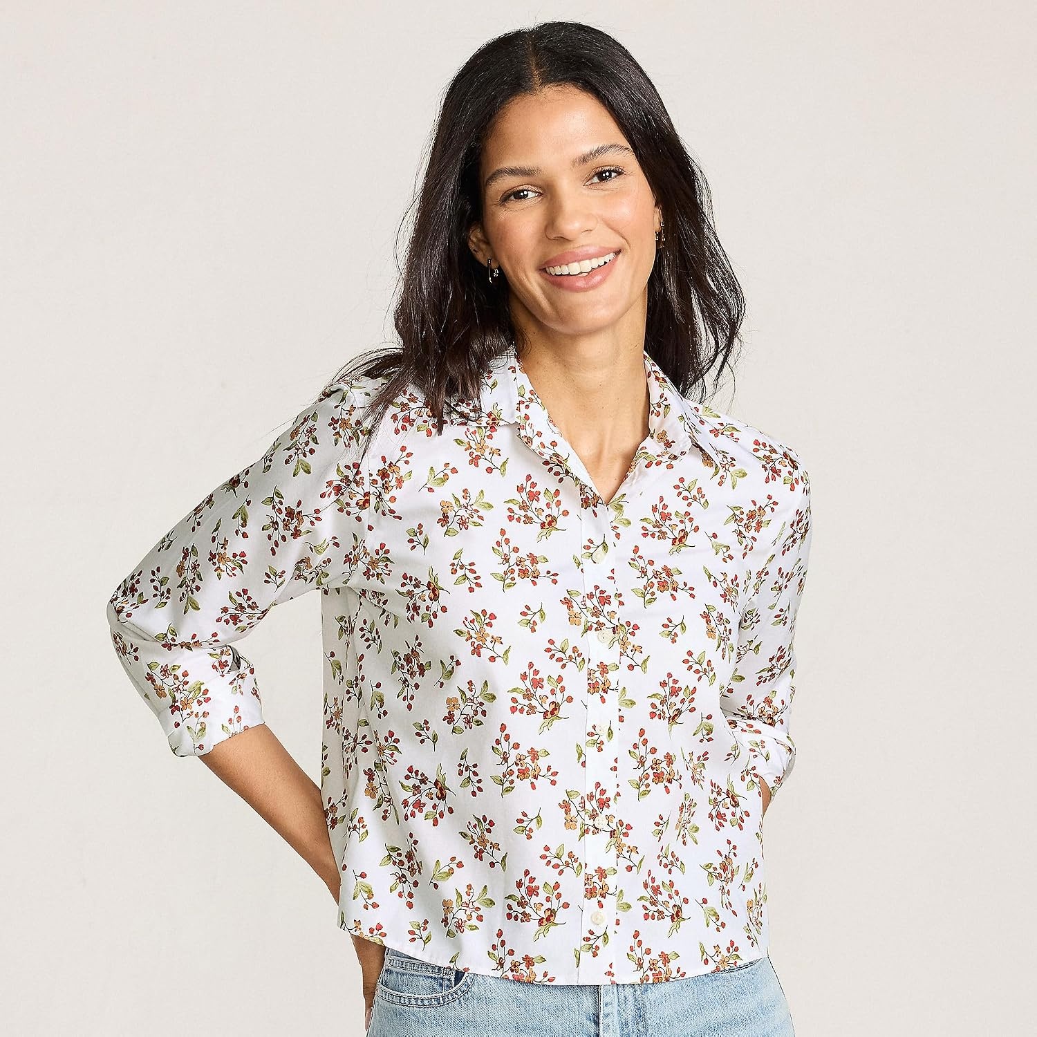 image:imageWomens No Iron Boxy Cropped ShirtWhite Meadow Floral