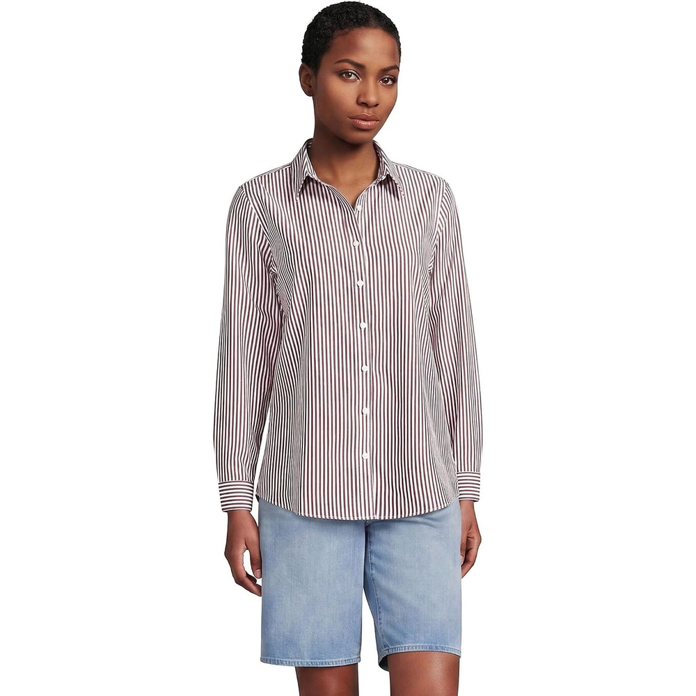 image:imageLands End Womens Pinwale Cord Long Sleeve ShirtWhiteRich Ginger Brown Stripe
