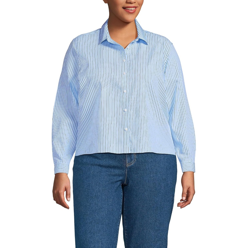 image:imageWomens No Iron Boxy Cropped ShirtClear Blue Sky Thin Stripe