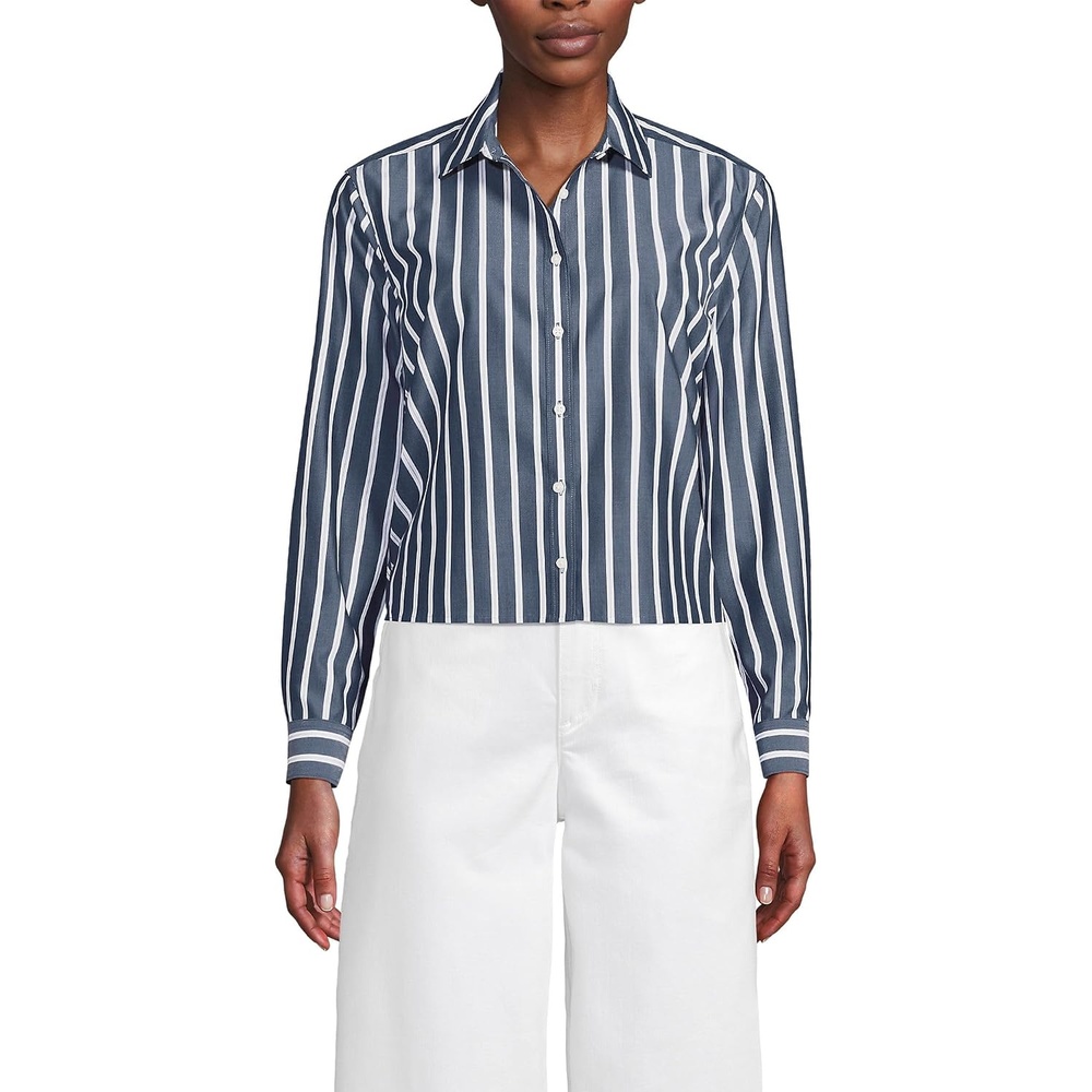 image:imageWomens No Iron Boxy Cropped ShirtNavyWhite Dual Stripe