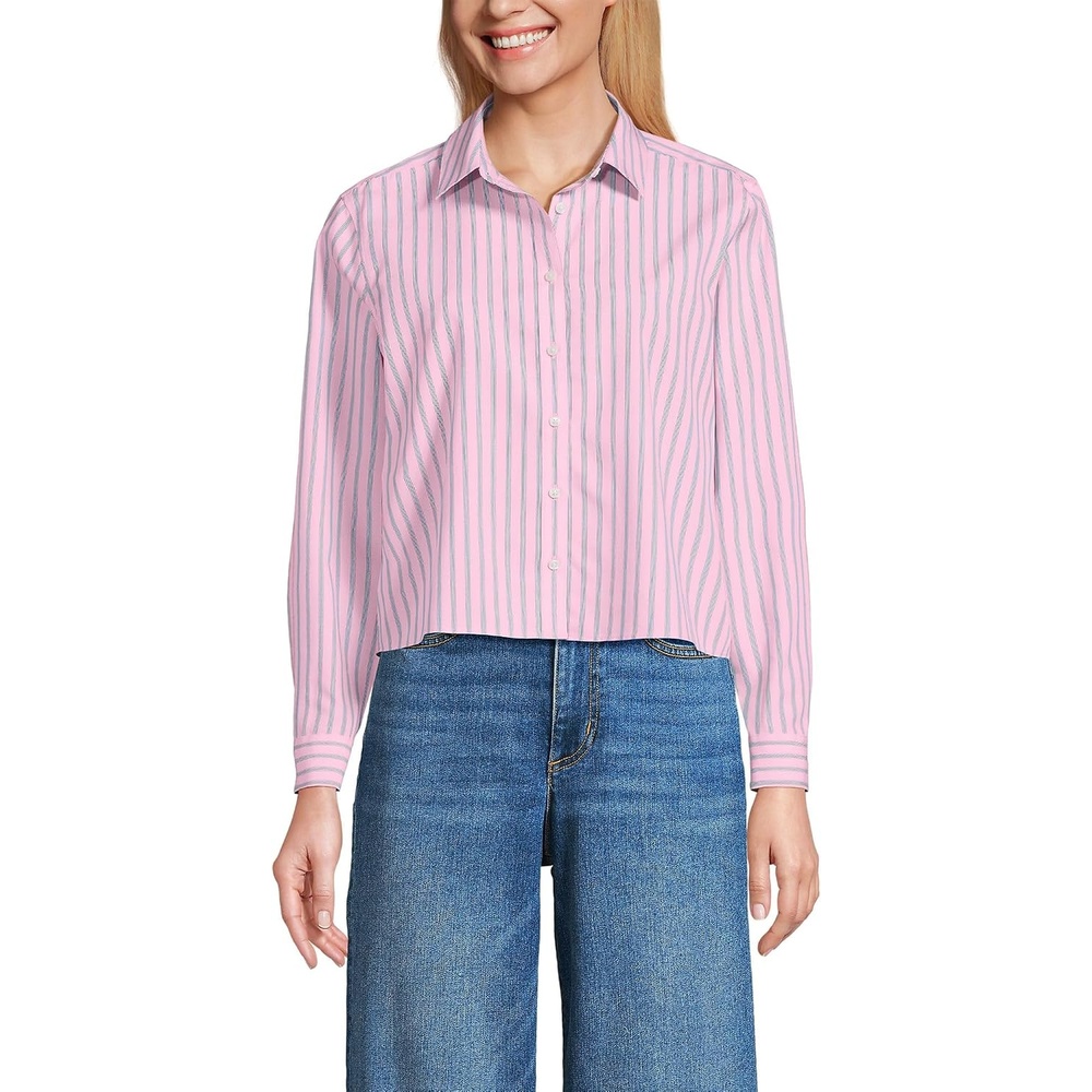 image:imageWomens No Iron Boxy Cropped ShirtSeaside PinkNavy Stripe