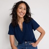 Women’s Slub Short Sleeve Notch Neck Top(Deep Sea Navy)