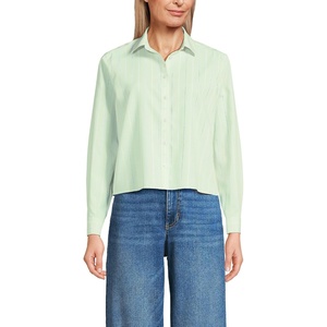 Women’s No Iron Boxy Cropped Shirt(Icy Mint Green Narrow Stripe)