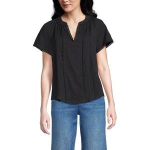 Women’s Slub Short Sleeve Notch Neck Top(Black)