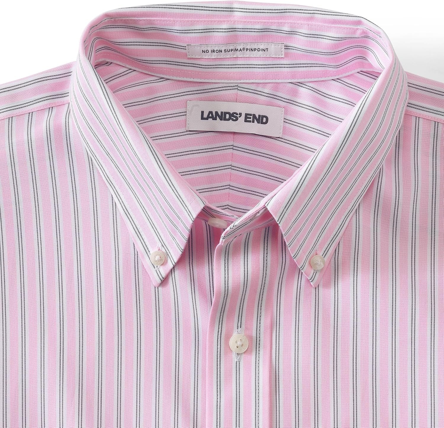 image:imageLands End Mens Traditional Fit Solid No Iron AmericanGrown Supima Pinpoint Buttondown Collar Dress ShirtRoseVintage Steel Stripe