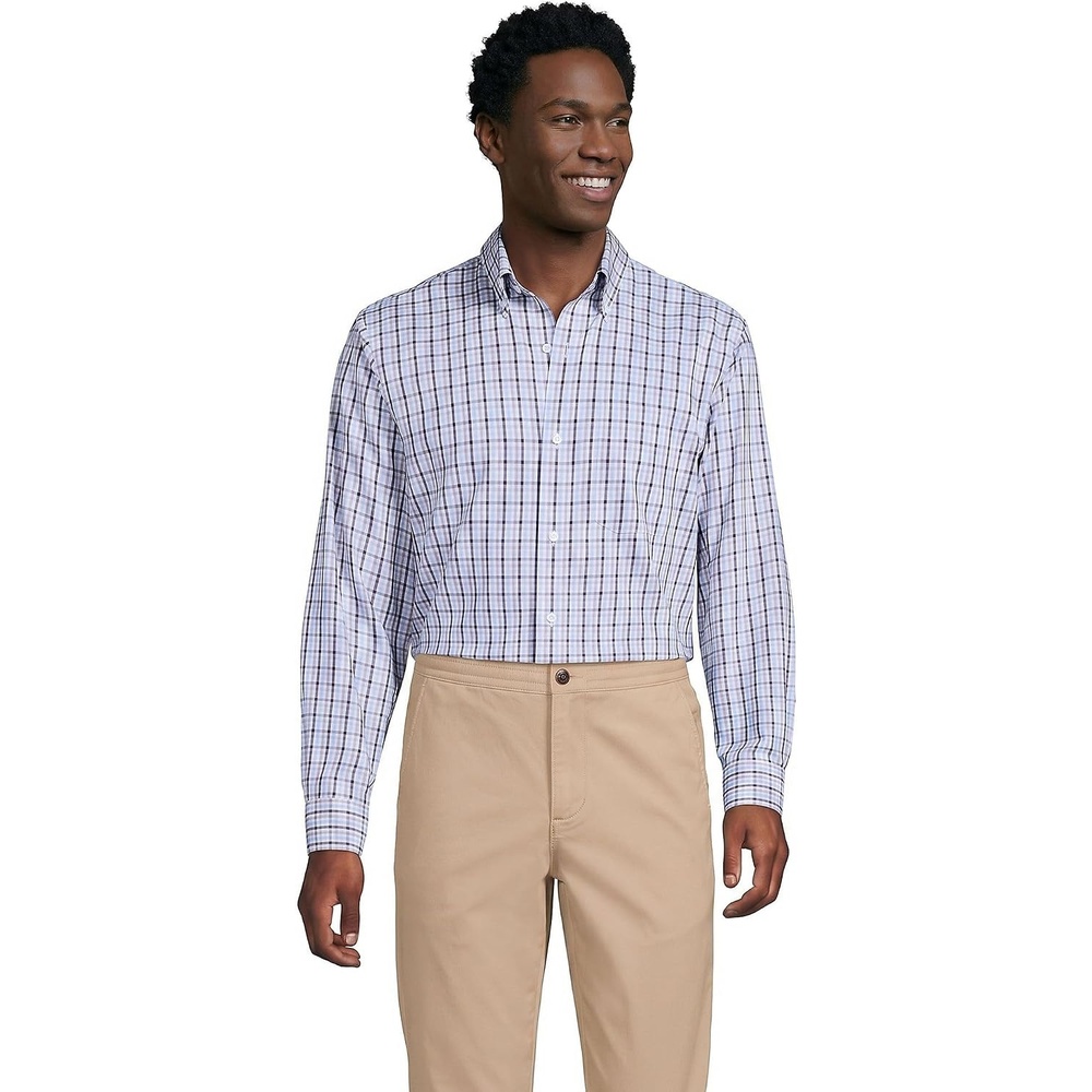 image:imageLands End Mens Traditional Fit Solid No Iron AmericanGrown Supima Pinpoint Buttondown Collar Dress ShirtBrownBlue Sky Plaid
