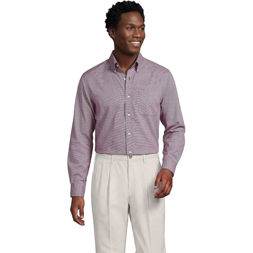 image:imageLands End Mens Traditional Fit Solid No Iron AmericanGrown Supima Pinpoint Buttondown Collar Dress ShirtRich BurgundyWhite Puppytooth