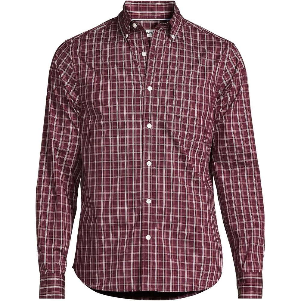 image:imageLands End Mens Wrinkle Resistant Dress ShirtBurgundyCoffeeTaupe Plaid
