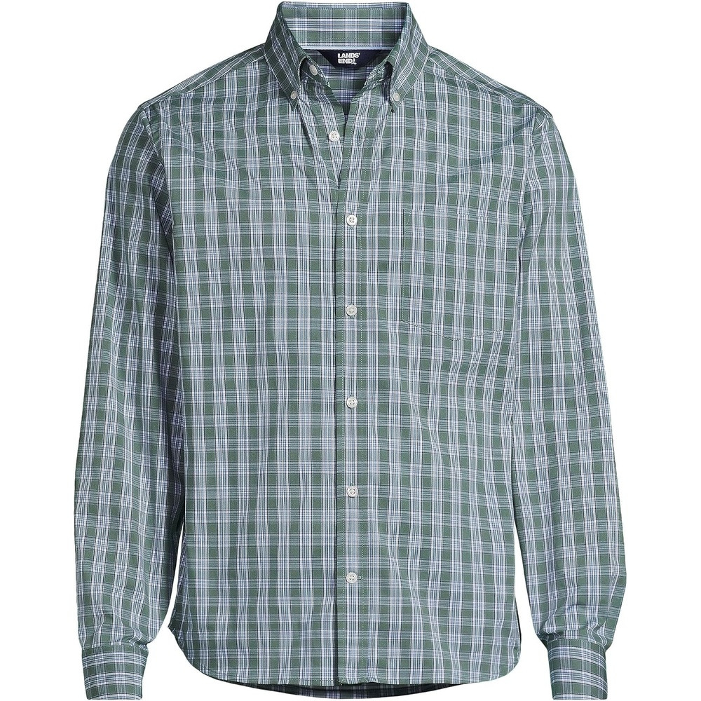 image:imageLands End Mens Wrinkle Resistant Dress ShirtEucalyptusWhite Plaid