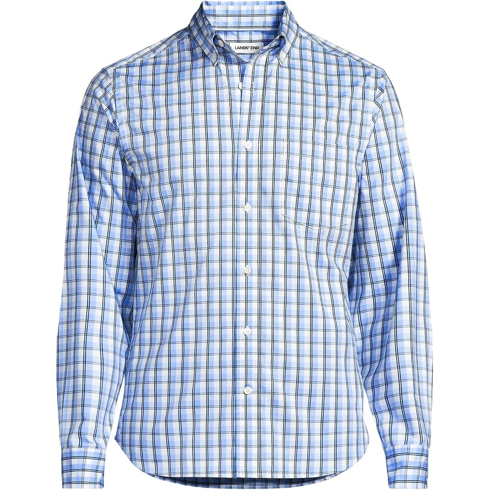 image:imageLands End Mens Wrinkle Resistant Dress ShirtRadiant NavyClear Blue Plaid