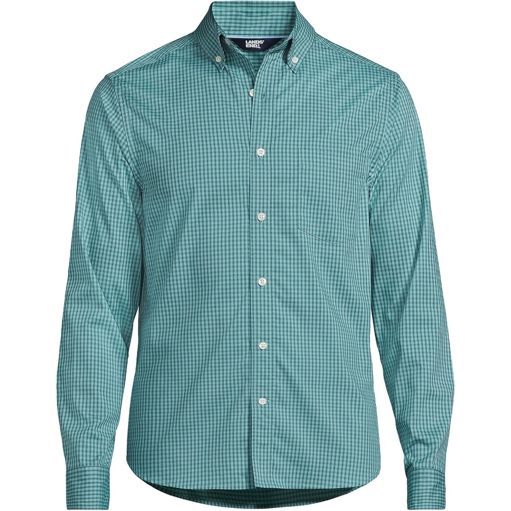image:imageLands End Mens Wrinkle Resistant Dress ShirtTourmaline Gingham