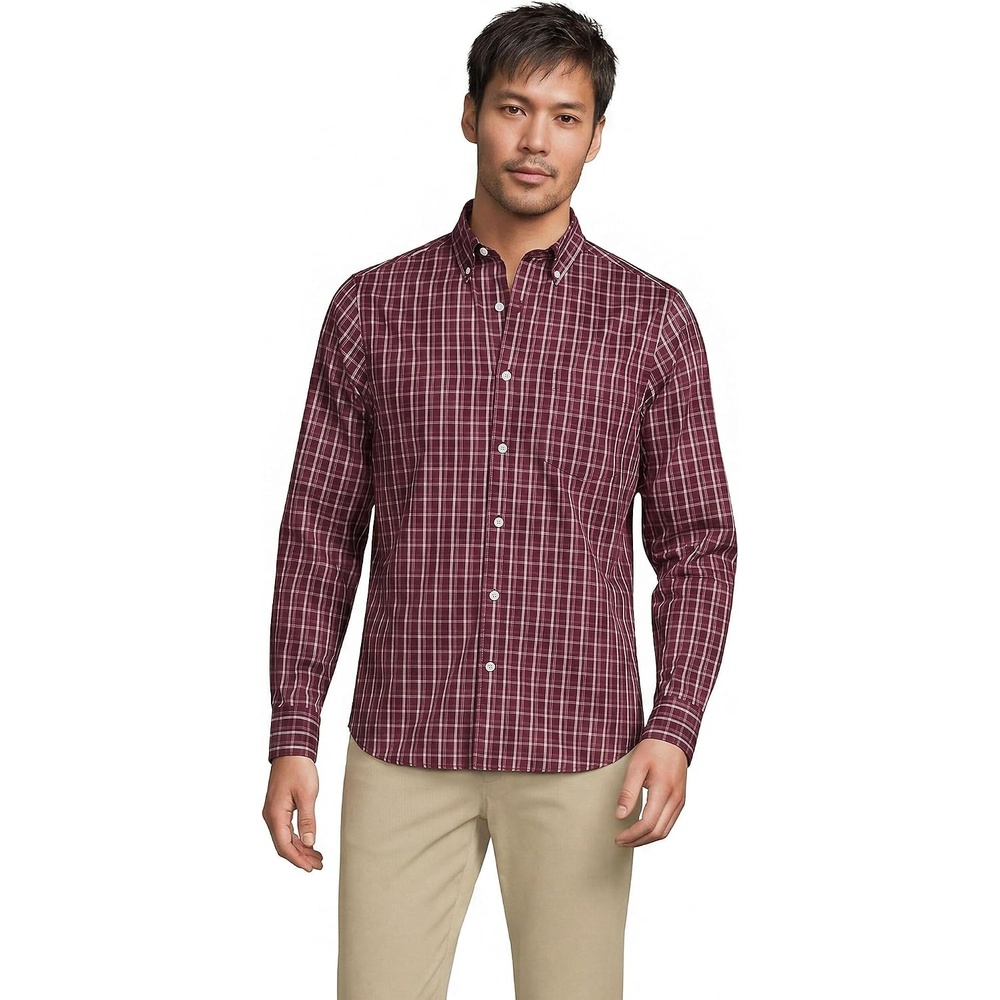 image:imageMens Traditional Fit Long Sleeve Travel Kit ShirtBurgundyCoffeeTaupe Plaid
