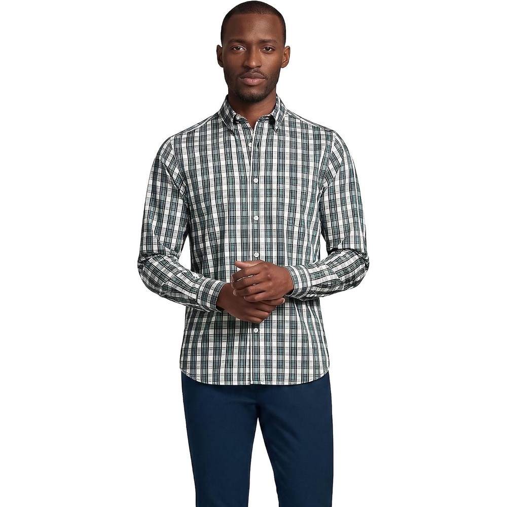 image:imageMens Traditional Fit Long Sleeve Travel Kit ShirtMuted Mineral AquaBlue Plaid