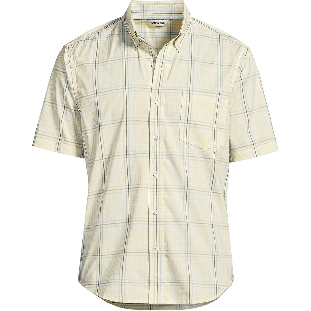 image:imageMens Traditional Fit Short Sleeve Travel Kit ShirtPale YellowBlue Plaid