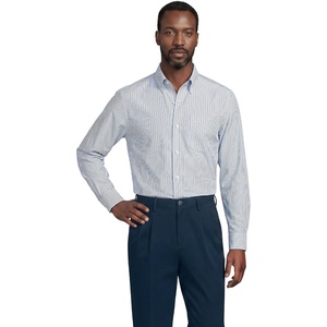 Lands’ End Men’s Traditional Fit Solid No Iron American-Grown Supima Pinpoint Buttondown Collar Dress Shirt(Muted Cobalt/Navy Stripe)
