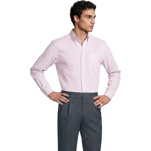 Lands’ End Men’s Traditional Fit Solid No Iron American-Grown Supima Pinpoint Buttondown Collar Dress Shirt(Rose/Vintage Steel Stripe)