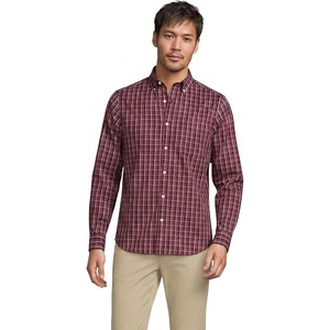 Men’s Traditional Fit Long Sleeve Travel Kit Shirt(Burgundy/Coffee/Taupe Plaid)