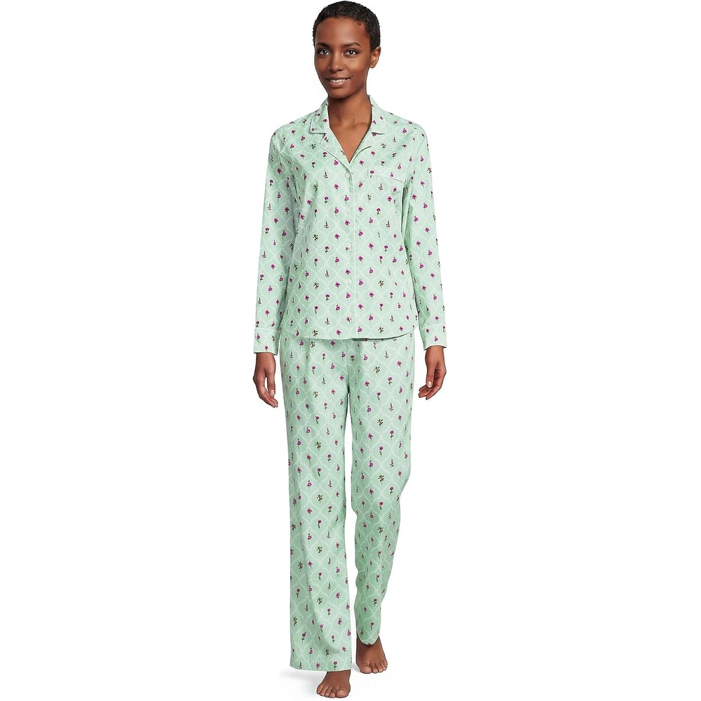 image:imageWomens Cotton Poplin 2 Piece Pajama Set Long Sleeve Top and PantsCelery Floral Stems