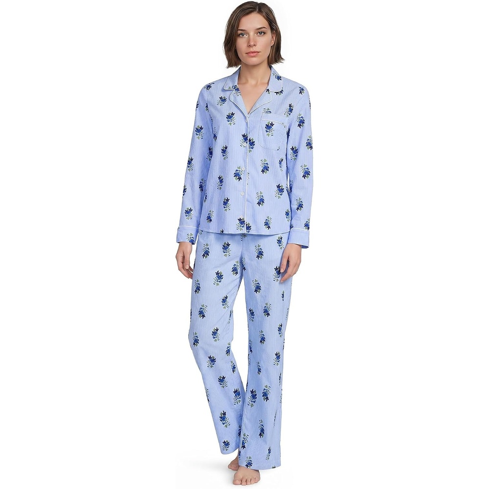 image:imageWomens Cotton Poplin 2 Piece Pajama Set Long Sleeve Top and PantsCobalt FloralBlue Stripe