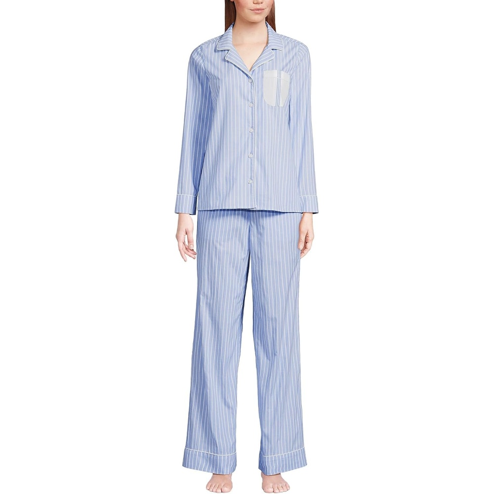image:imageWomens Cotton Poplin 2 Piece Pajama Set Long Sleeve Top and PantsCrisp Blue Stripe
