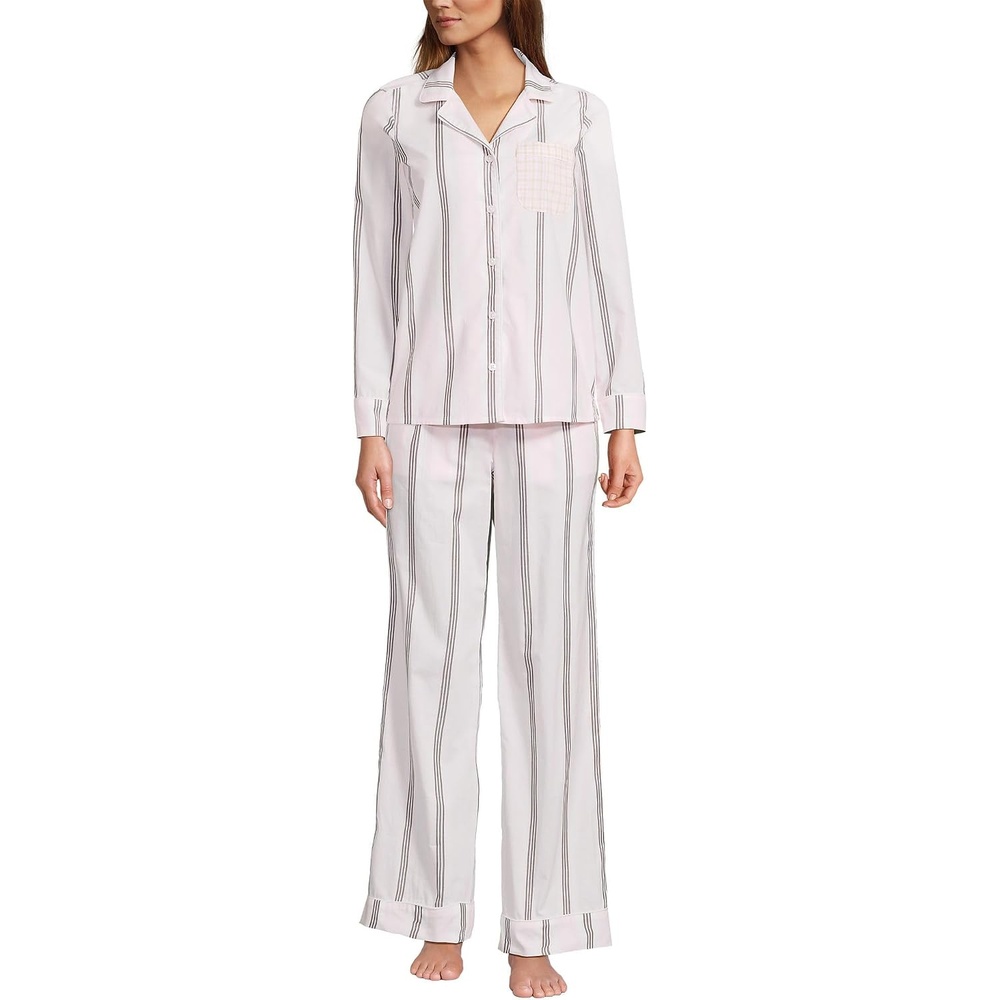 image:imageWomens Cotton Poplin 2 Piece Pajama Set Long Sleeve Top and PantsSea Salt PinkCoffee Stripe
