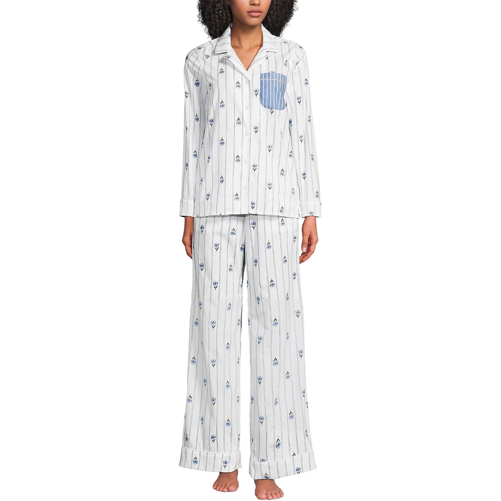image:imageWomens Cotton Poplin 2 Piece Pajama Set Long Sleeve Top and PantsWhiteBlue Floral Stripe