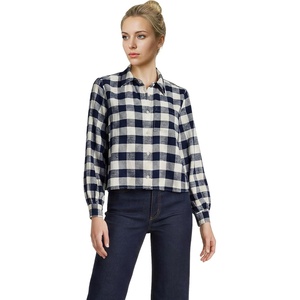 Lands’ End Women’s Cropped Flannel Shirt(Ivory Latte/Navy Buffalo Plaid)