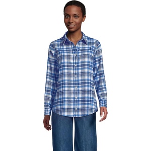Lands’ End Women’s Flannel Boyfriend Fit Long Sleeve Shirt(Bright French Blue Plaid)