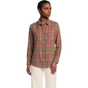 Lands’ End Women’s Flannel Boyfriend Fit Long Sleeve Shirt(Olive/Nautical Red Plaid)