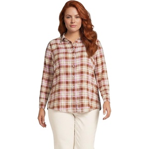 Lands’ End Women’s Flannel Boyfriend Fit Long Sleeve Shirt(Rich Ginger/Aster Pink Plaid)