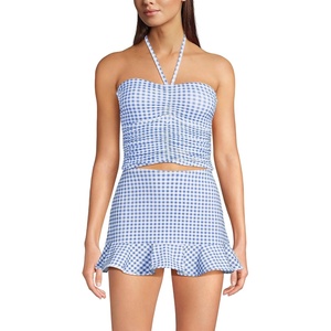 Womens Ruched Halter Tankini Top(Soft Cloud Blue Gingham)