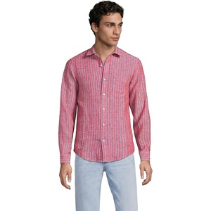 Lands’ End Men’s Long Sleeve Linen Shirt(Compass Red/Clear Blue Stripe)