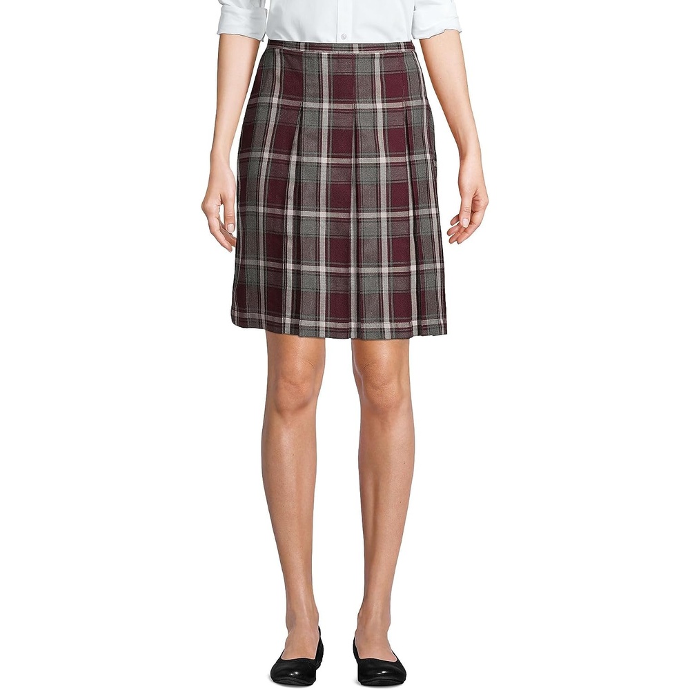 image:imageSchool Uniform Young Womens Plaid Box Pleat Skirt Top of the KneeBurgundyGray Plaid