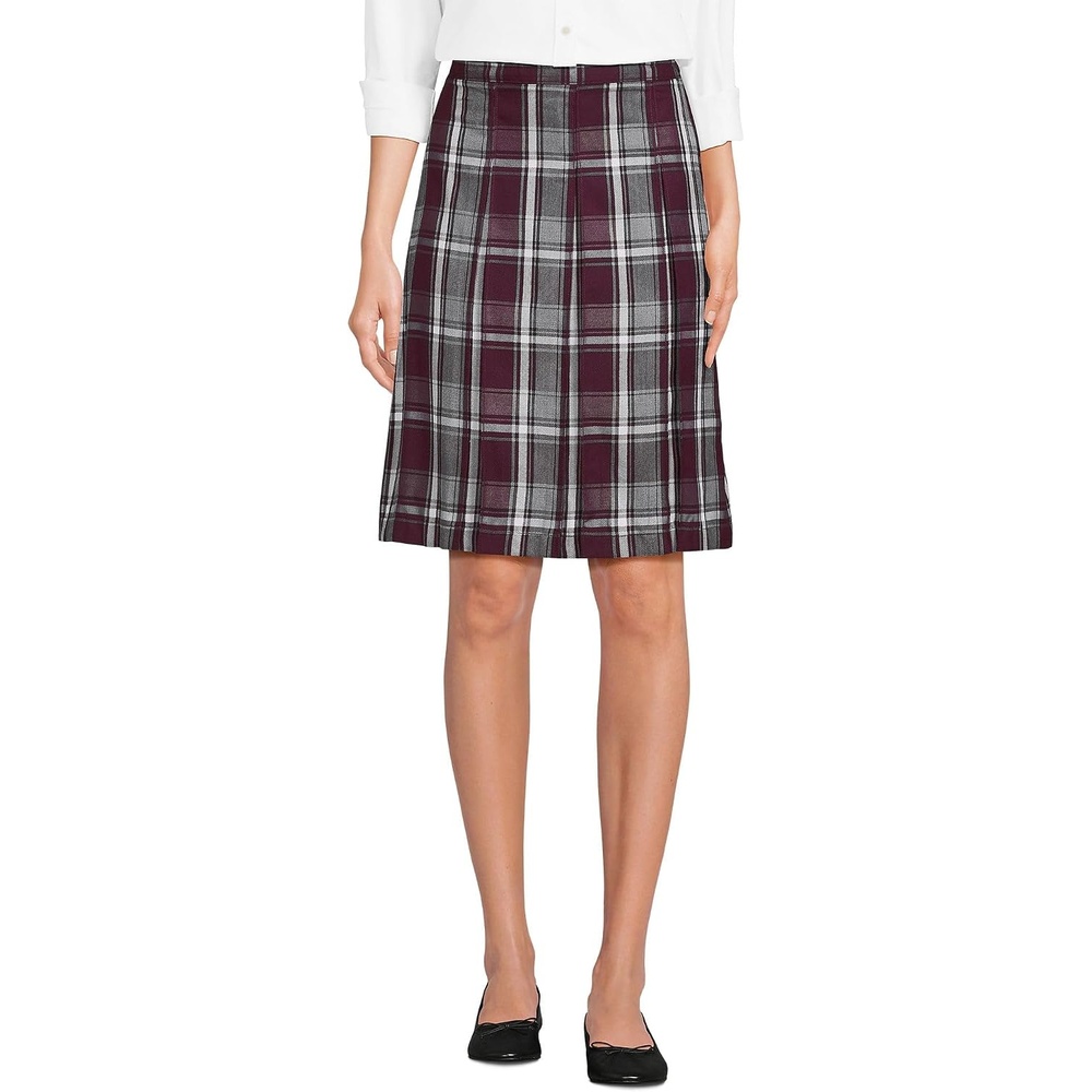 image:imageSchool Uniform Young Womens Plaid Box Pleat Skirt Top of the KneePlaid BurgundyGray