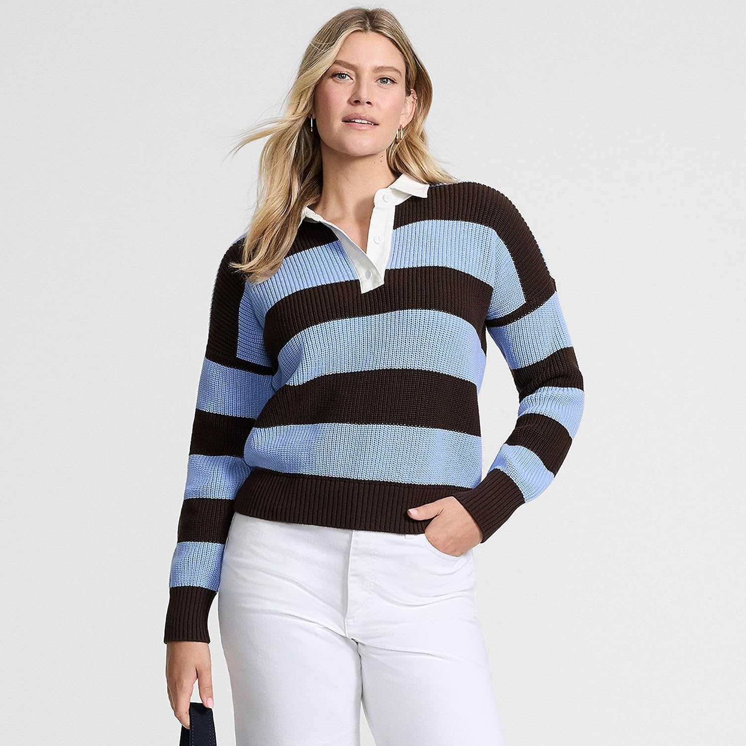 image:imageLands End Womens Cotton Rugby SweaterRich CoffeeBlue Sky Stripe