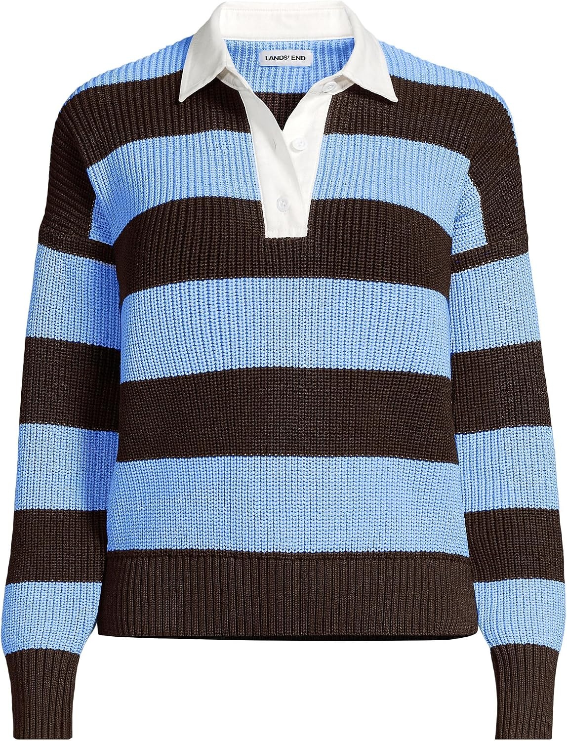 image:imageLands End Womens Cotton Rugby SweaterRich CoffeeBlue Sky Stripe