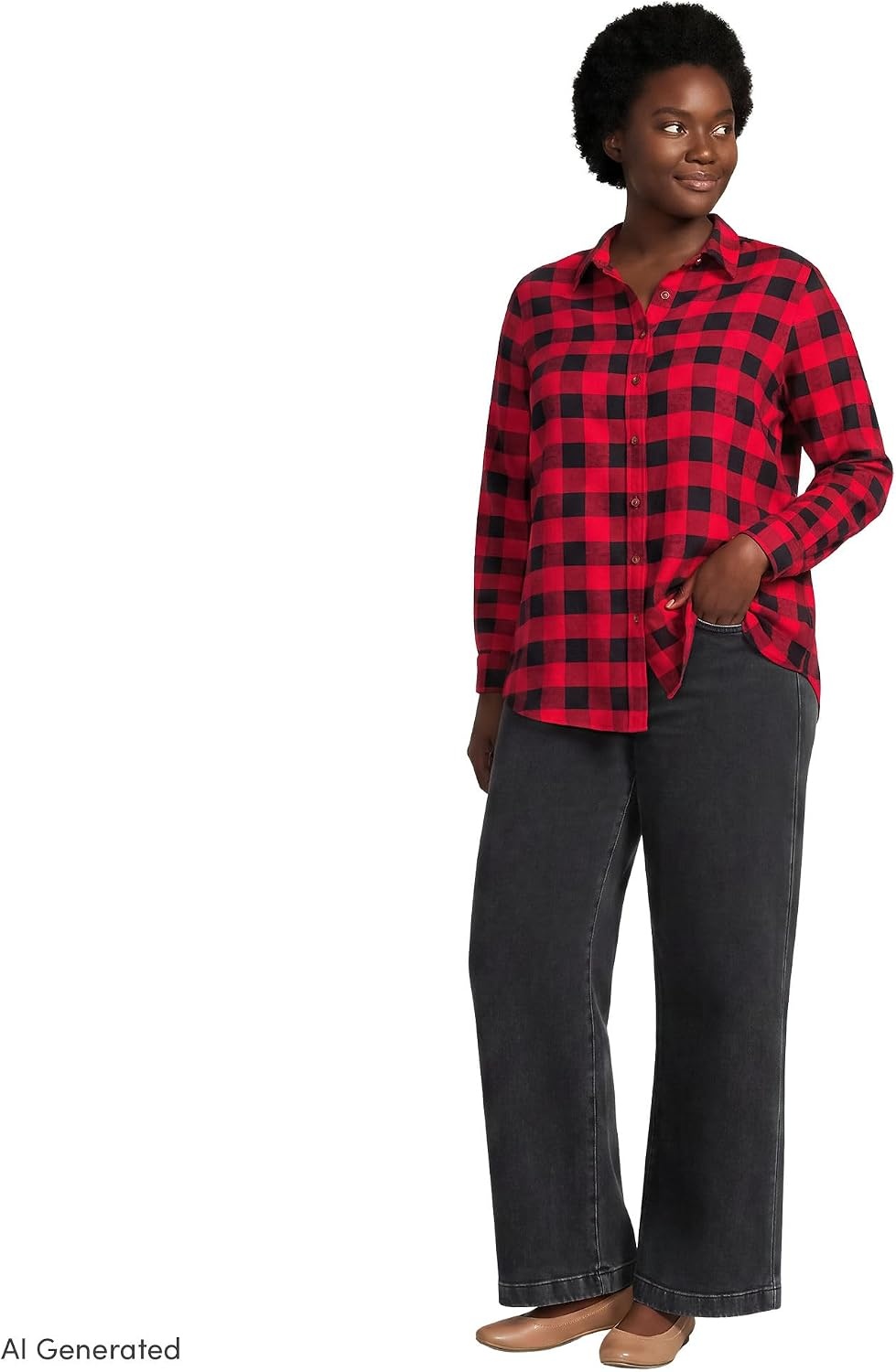 image:imageLands End Womens Flannel Boyfriend Fit Long Sleeve ShirtRedBlack Buffalo Check