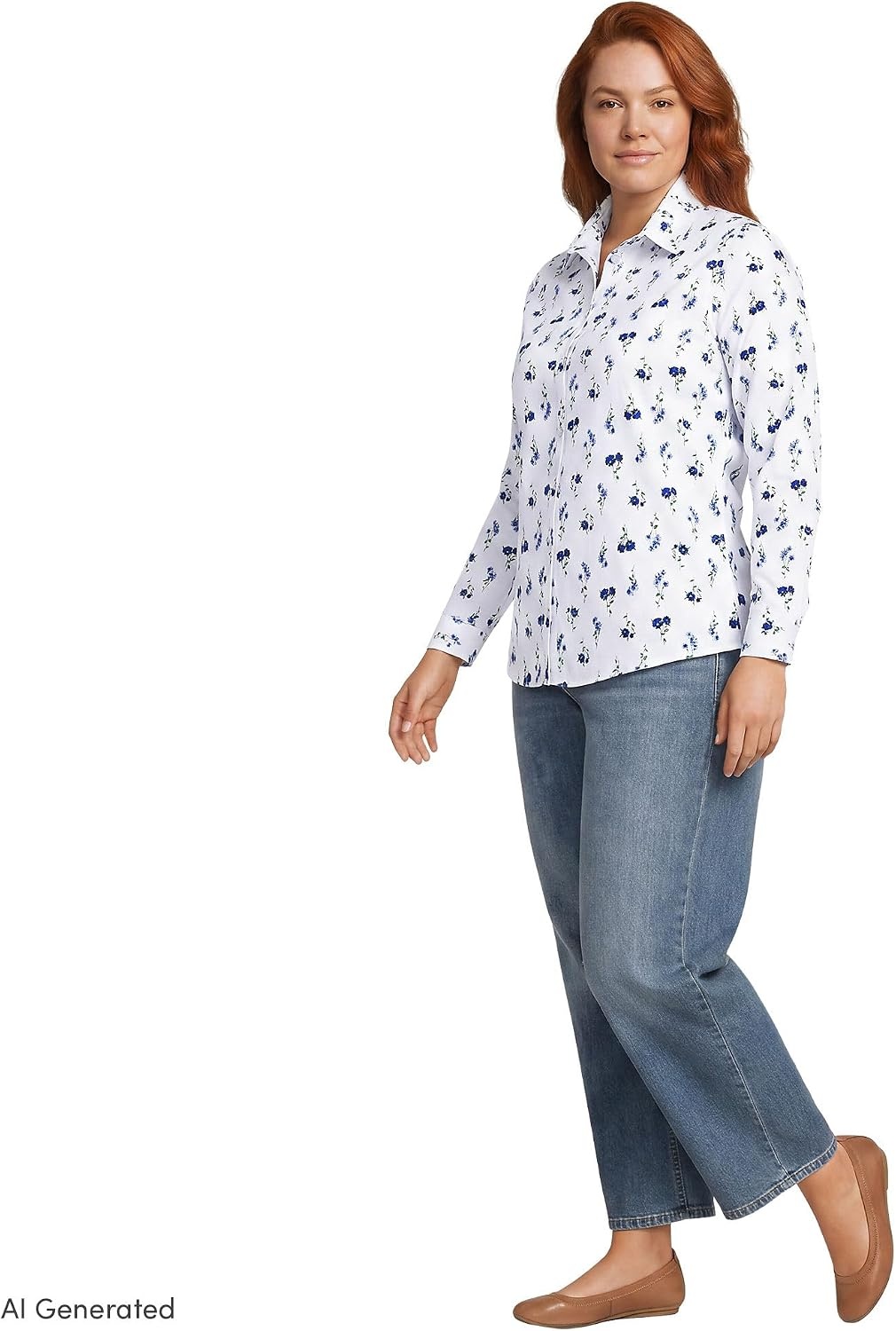 image:imageLands End Womens Pinwale Cord Long Sleeve ShirtWhiteClear Blue Sky Flowers