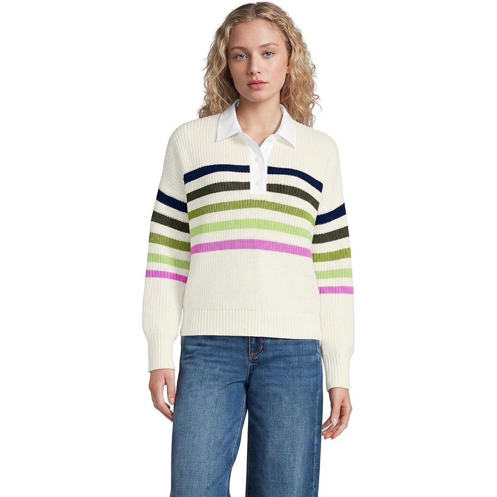 image:imageLands End Womens Cotton Rugby SweaterIvory Placed Multi Stripe