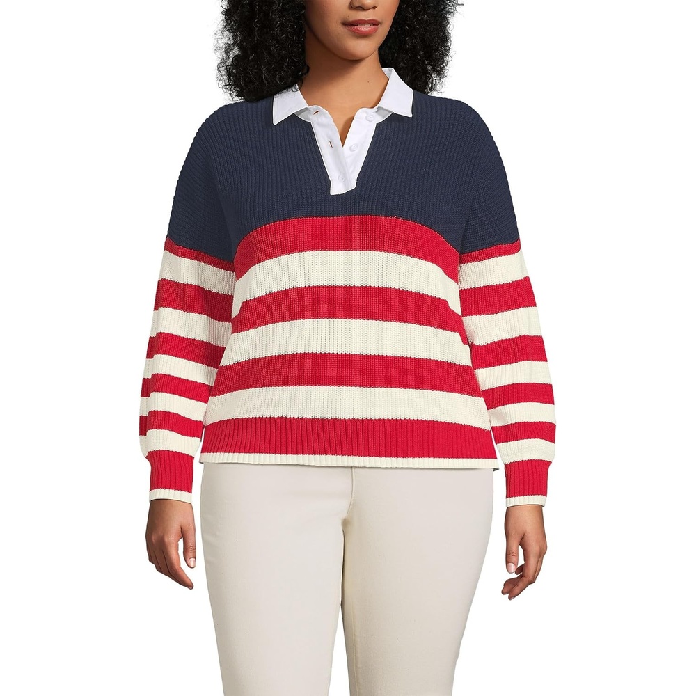 image:imageLands End Womens Cotton Rugby SweaterRedIvory American Flag