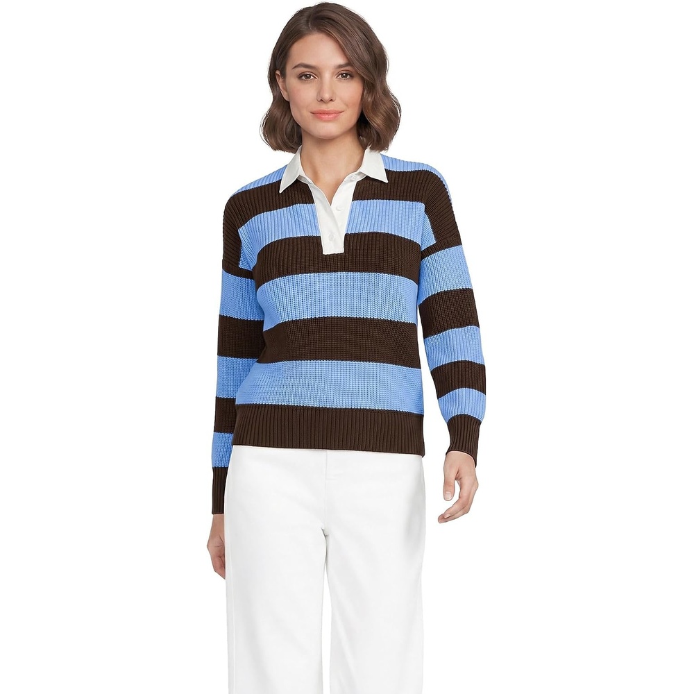 image:imageLands End Womens Cotton Rugby SweaterRich CoffeeBlue Sky Stripe