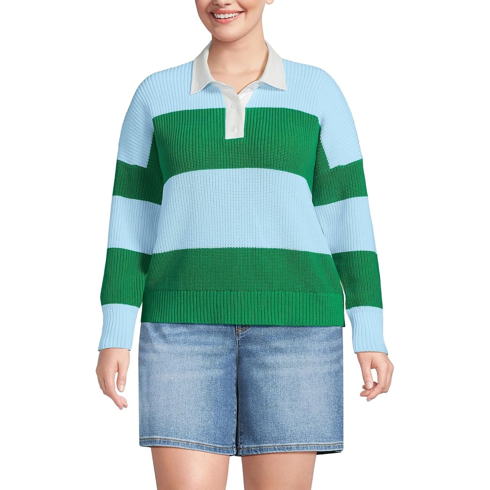 image:imageLands End Womens Cotton Rugby SweaterTrue GreenSoft Ice Blue Rugby