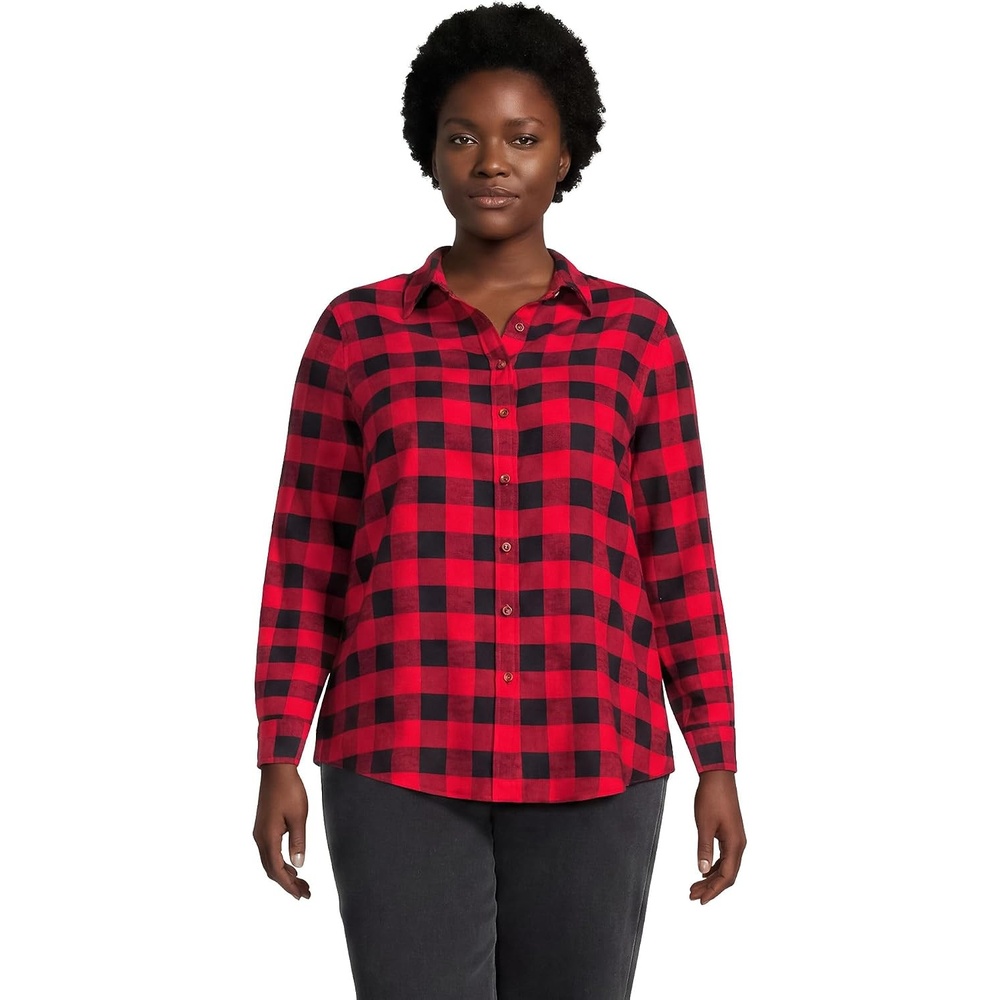 image:imageLands End Womens Flannel Boyfriend Fit Long Sleeve ShirtRedBlack Buffalo Check